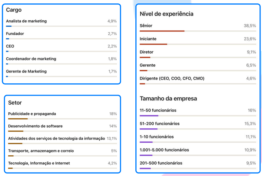 Painéis do LinkedIn com o perfil dos seguidores: cargo (analista de marketing 4,9%, fundador 2,7%, CEO 2,2%), setor, nível de experiência (sênior 38,5%) e tamanho da empresa (11-50 funcionários 16%).