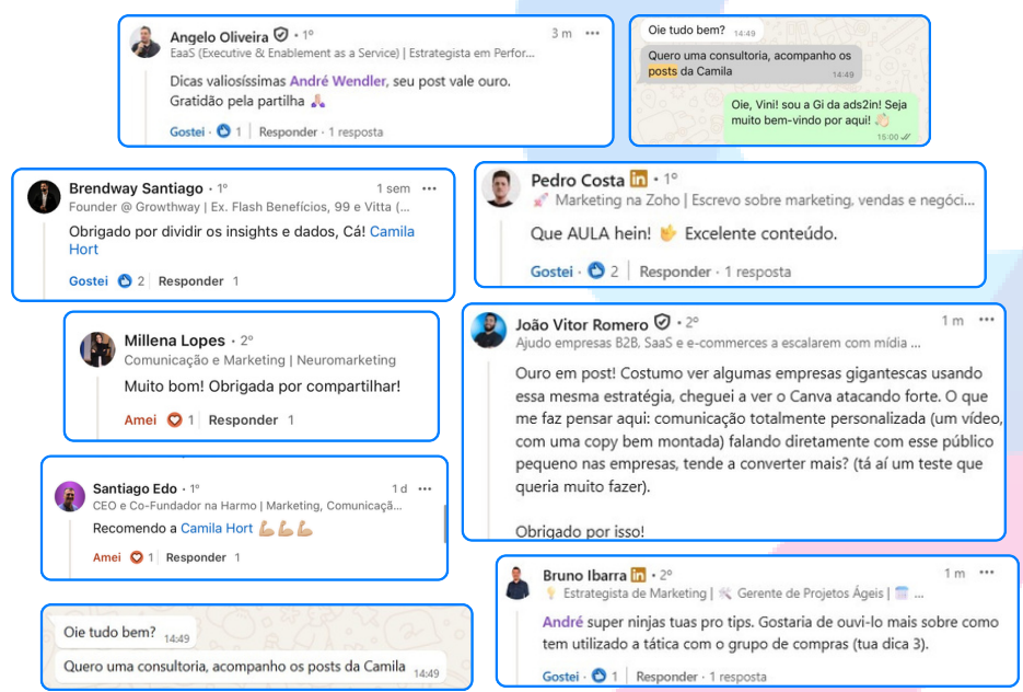 Comentários elogiosos de profissionais no LinkedIn e mensagens de pessoas pedindo uma consultoria após acompanhar os posts da Camila e do André.